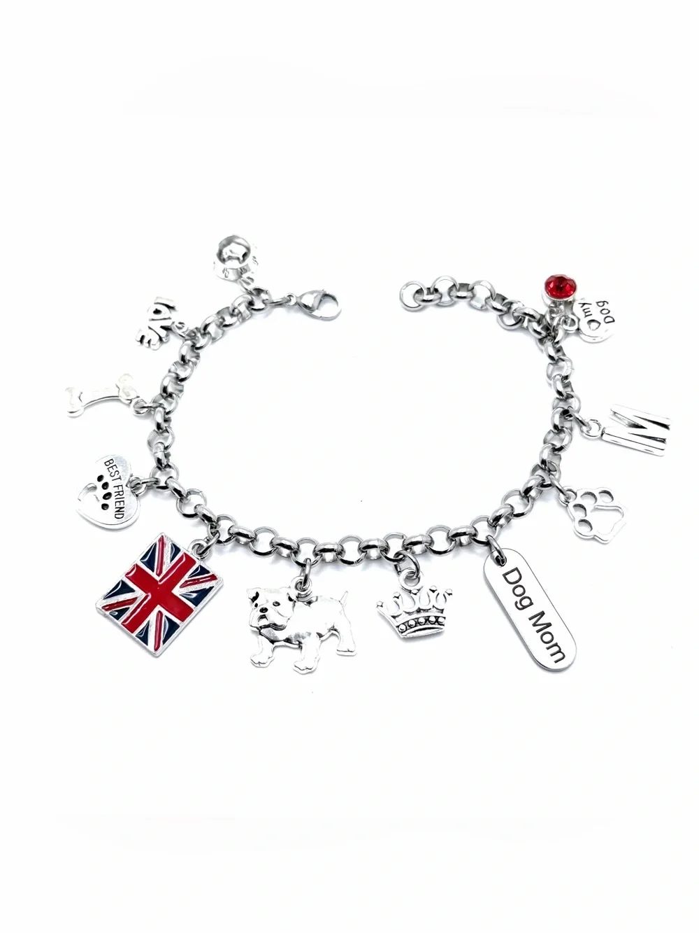 English Bulldog Charm Bracelet Dog Mom Gift British Bulldog Jewelry Personalized